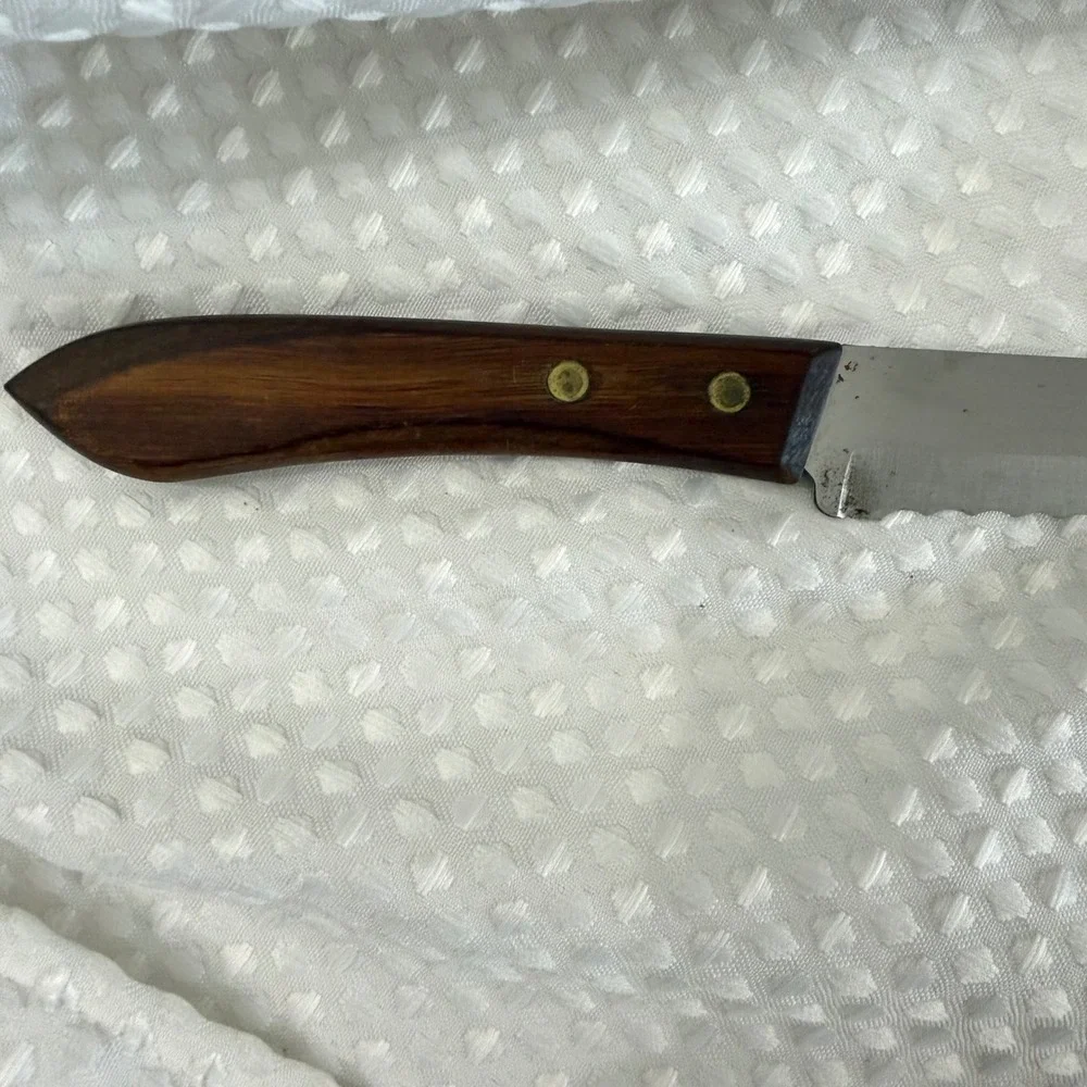 VTG Ekco Stainless USA Serrated Utility/Bread Knife Wood Handle Brass Rivets